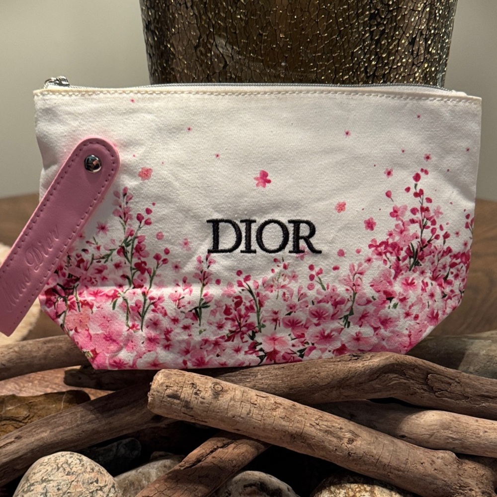 Dior Limited Edition White & Pink Floral Canvas Cosmetic Pouch/Wristlet